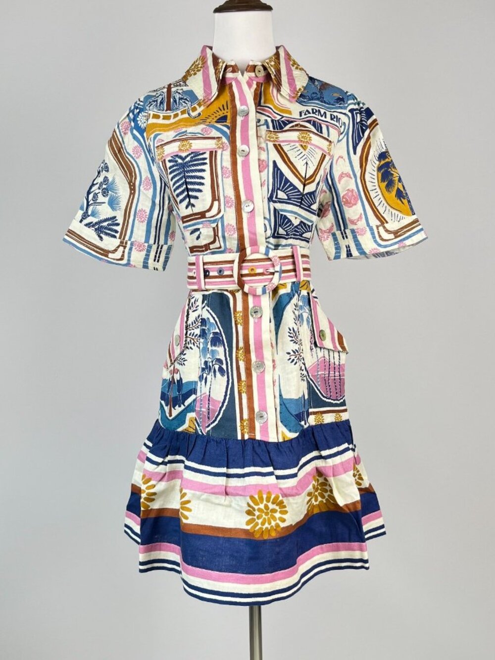 FARM Rio Multicolor Printed Mini Dress — Blue, Pink, Cream, Gold - Picture 4 of 16